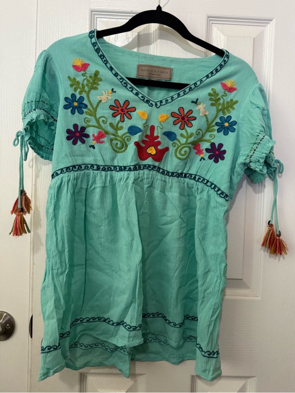 Double D Ranch vibrant teal embroidered empire Top XS boho country tassel sleeve